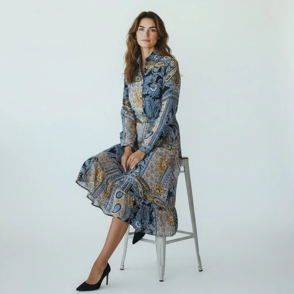 Jones NY Women Paisley Patchwork Ruffle Hem Shirt Dress Blue XS boho chic preppy